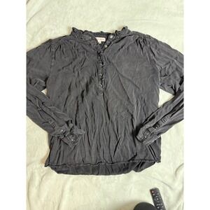 Knox Rose Ruffle Collar Button Down‎ Long Sleeve Top Blouse Black L